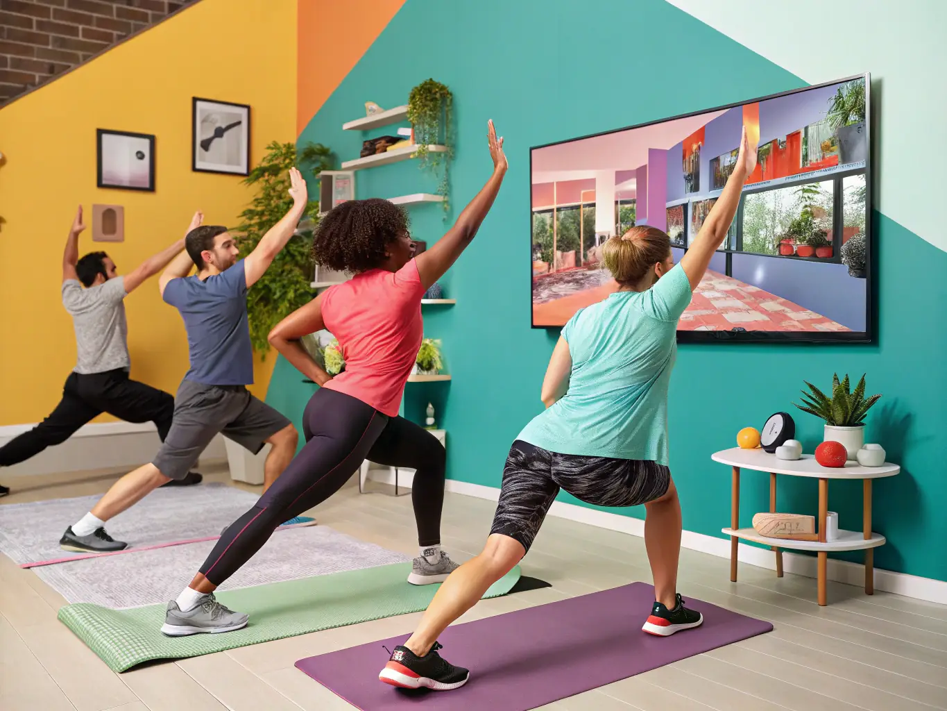 A vibrant image of a mixed-age group participating in a dynamic group fitness class inside a modern gym, with an instructor leading stretching exercises and everyone smiling, representing community engagement and inclusivity.
