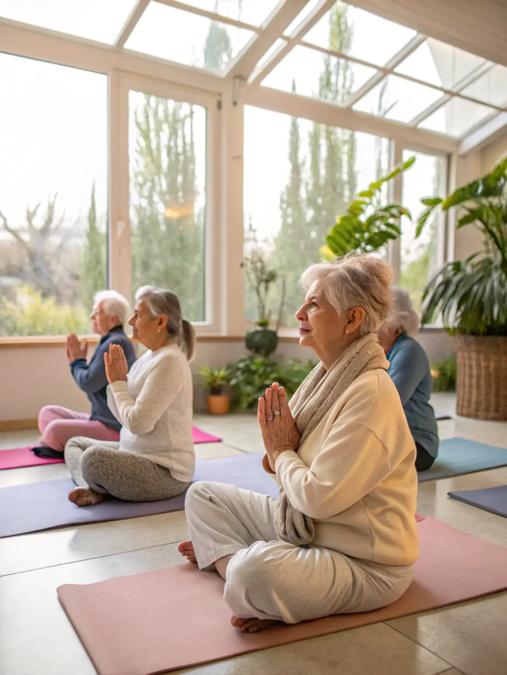 A candid shot of adults and seniors participating in a gentle yoga and stretching class, with mats arranged in a circle and natural light streaming through large windows.