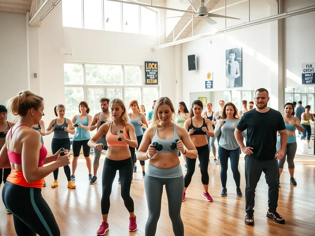 An energetic image of a themed fitness workshop, with participants using resistance bands and free weights, engaging in partner exercises, and sharing encouragement, set in a well-lit, friendly gym environment.