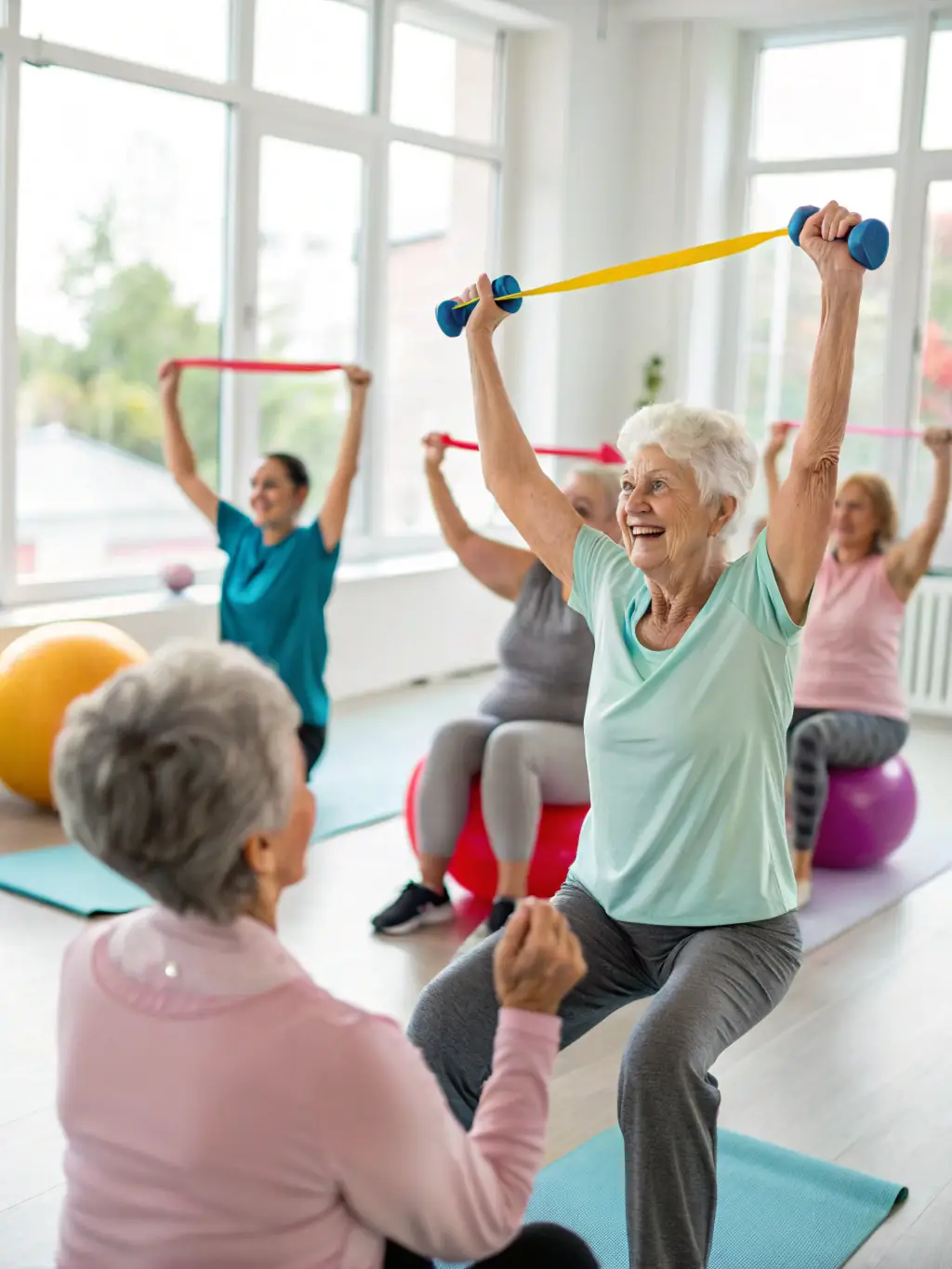 A vibrant photo of a diverse group of adults and seniors participating in a group strength training class, using free weights and resistance bands in a bright, welcoming gym environment.