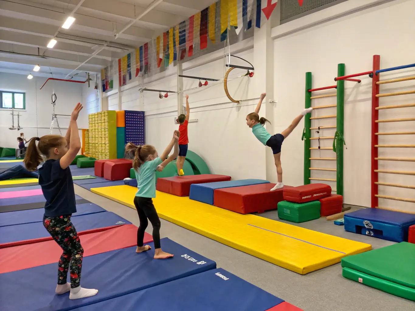 A focused image of a gymnastics session with children and adults practicing on mats and balance beams, guided by a certified coach, highlighting skill development and safe instruction in a bright, welcoming gym.