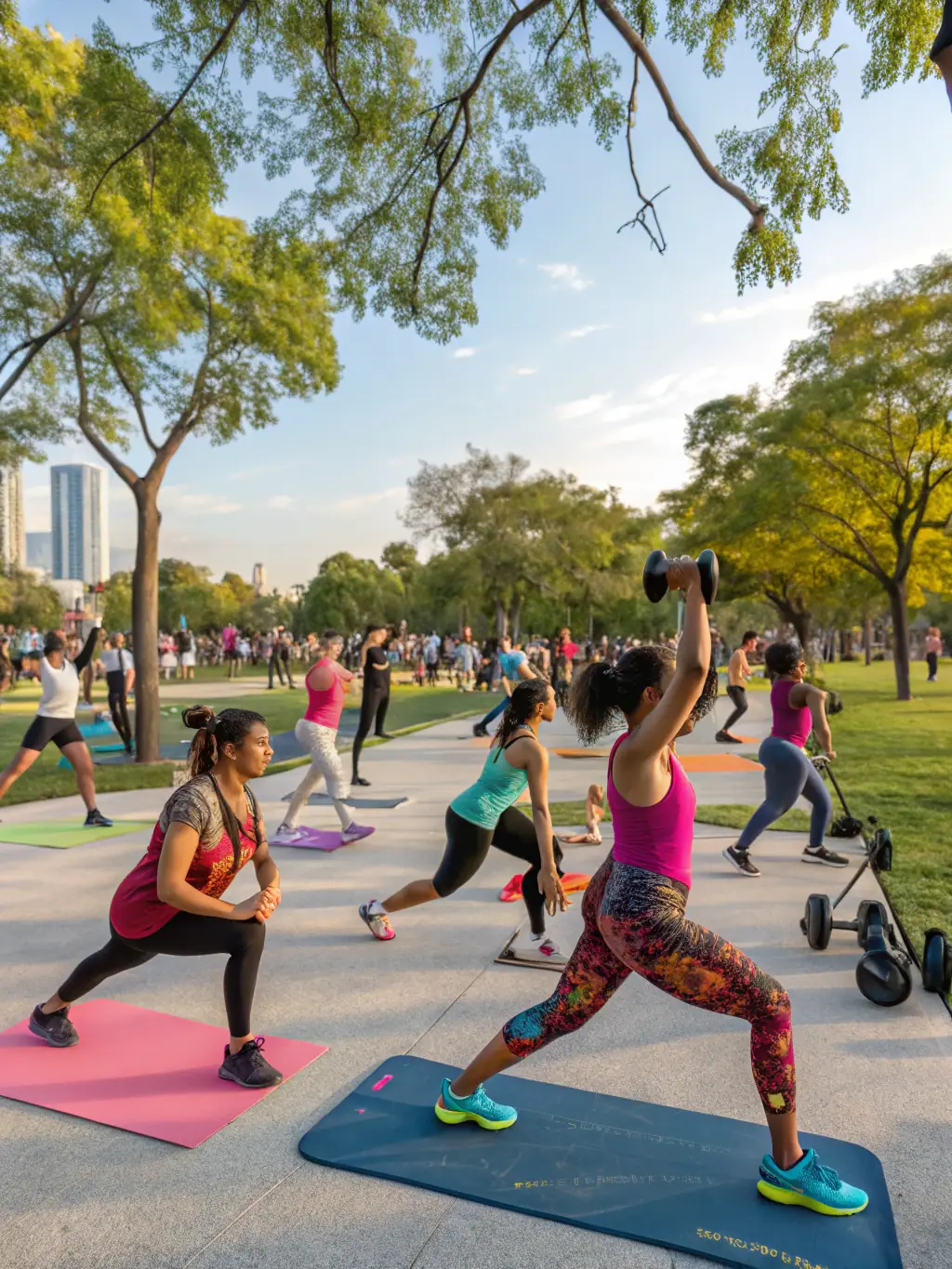 A lively photo of a community fitness event outdoors, with families, friends, and gym members enjoying a group workout and socializing under banners with the CLUB DE GYM logo.