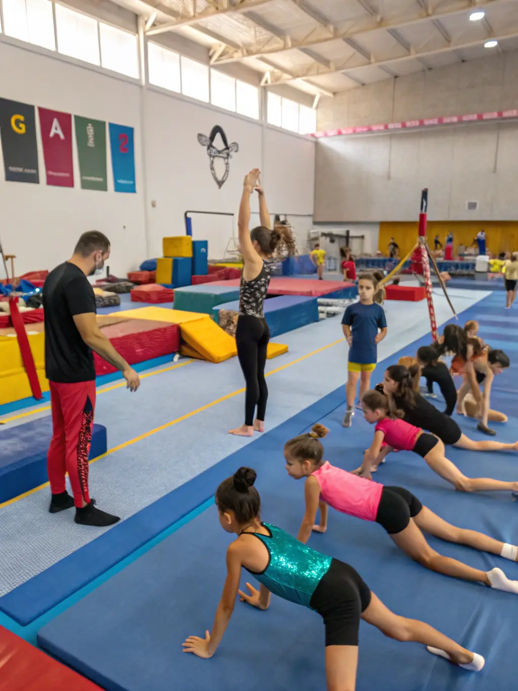 A dynamic image of children and teenagers practicing gymnastics on mats and balance beams, guided by a certified instructor in a safe, colorful gymnasium.